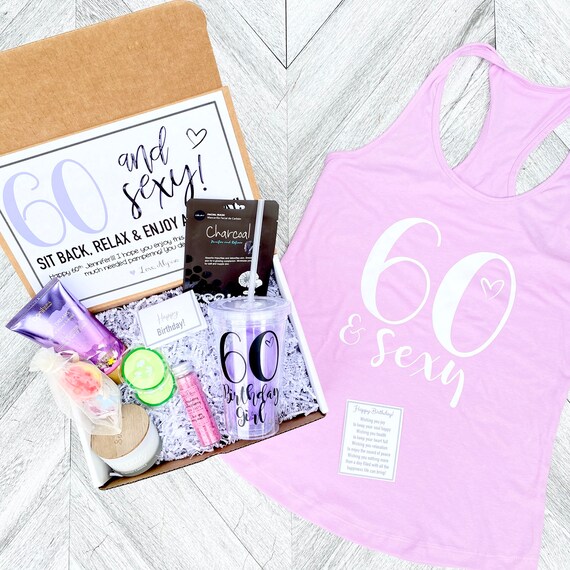 Spa Birthday Gift Set - 60 and Sexy - Spa gift box with Birthday Girl Tanl - Tumbler - Complete Spa Items and Spa Candle
