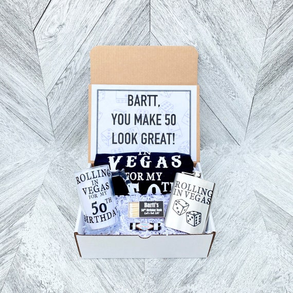 50th Birthday Vegas Gift Box: Shirt, Flask & Glass Mug