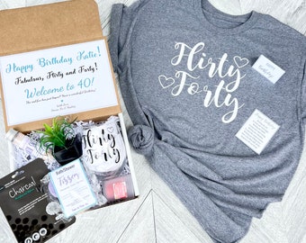 Spa Birthday Gift Set - Flirty Fourty Spa gift box with Birthday Girl Shirt - 40 Wine glass - Complete Spa Items - Succulent and Candle