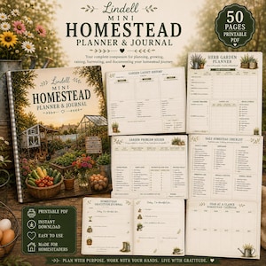 Op de afbeelding: Een 50-pagina tellende printbare PDF homestead planner en journal genaamd Lindell Mini Homestead Planner & Journal. De set bevat een spiraalgebonden omslag, tuinindeling geschiedenis, kruidentuinplanner, dagelijkse checklist en een dankbaarheidsdagboek.
