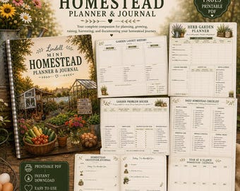 May include: A 50-page printable PDF homestead planner and journal titled Lindell Mini Homestead Planner & Journal. The set includes a spiral-bound cover, garden layout history, herb garden planner, daily homestead checklist, and gratitude journal.