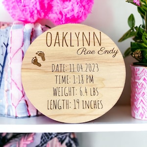 Baby Name with Stats Engraved Welcome wooden sign - Baby Announcement Circle - Engraved Newborn Welcome