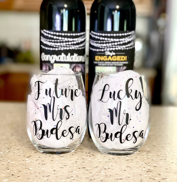 Personalized Engagement Wine Glasses: Future Mrs & Lucky Mr, Set of 2