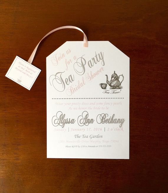 Tea Party Bridal Shower Invitations Pink and Gray