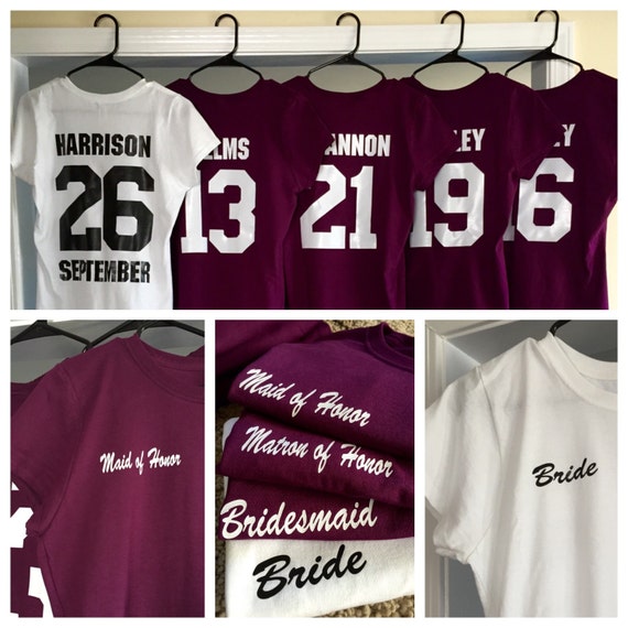 Bridesmaid shirts with Years Bride has Known Each on Back
