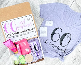 Spa Birthday Gift Set - 60 and Sensational - Spa gift box with Birthday Girl Shirt - Tumbler - Complete Spa Items and Spa Candle