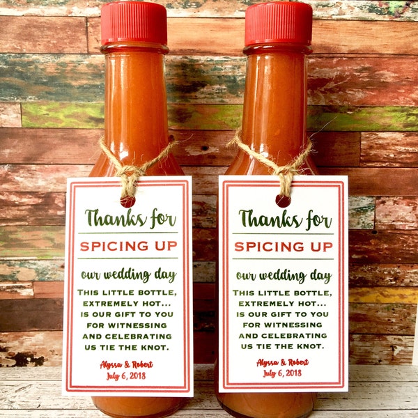 Spicing up Tags with twine- Thanks for Spicing up our wedding day or night - Hot Sauce Favor Tags - Labels