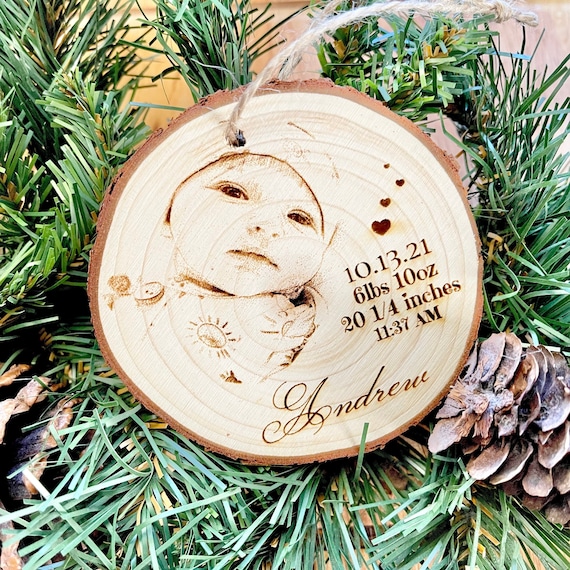 Personalized Wood Engraved Photo Ornament: Baby Stats Keepsake