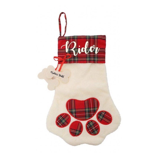 Personalized Dog Christmas Stocking: Paw Print Plaid Pet Stocking