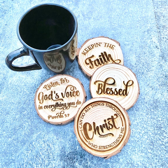 Engraved Wood Christian Coasters: Bible Verse Pine Coaster Set