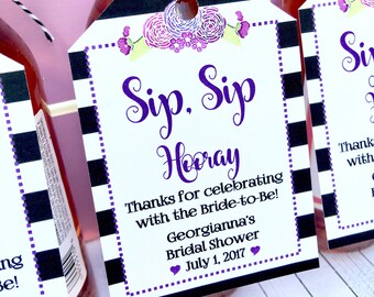 Purple and Black Favor Tags for Small Wine or champagne Bottles - white and black striped - Customizable Tags - Sip Sip Hooray - Bridal Show