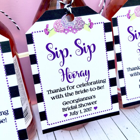 Customizable Bridal Shower Wine Bottle Favor Tags: Purple & Black