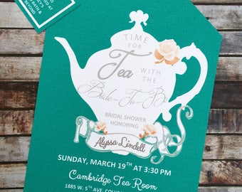Tea Party Teal and Coral Shower Invitations Tea Pot Style on Elegant Linen Card Stock