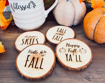 Rustic Fall Engraved Wooden Coasters - Set of 4 Wood Engraved - Coasters with Fall Sayings - Set of 4 Coasters