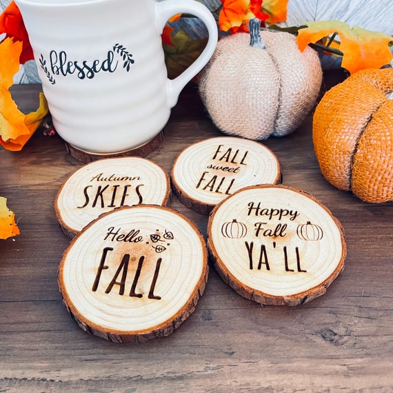 Engraved Wood Coasters: Rustic Fall Sayings, Set of 4