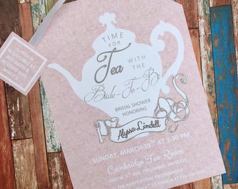 Tea Party Pink Marble and White Shower Invitations Tea Pot Style on Elegant Linen Card Stock