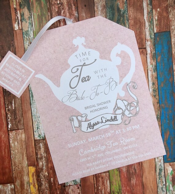 Tea Party Pink Marble and White Shower Invitations Tea Pot Style on Elegant Linen Card Stock
