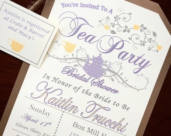 Rustic Tea Party Invitations - lavender and yellow with twine attached tea tag