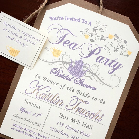 Rustic Tea Party Invitations - lavender and yellow with twine attached tea tag