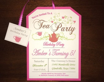 Little Girl's Pink Tea Party Birthday Invitations 5 years old! Customizable.