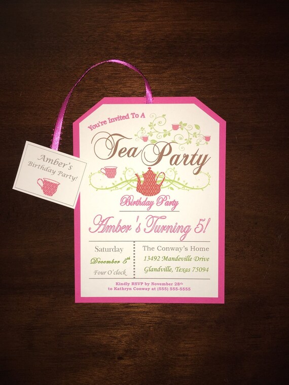 Little Girl's Pink Tea Party Birthday Invitations 5 years old! Customizable.