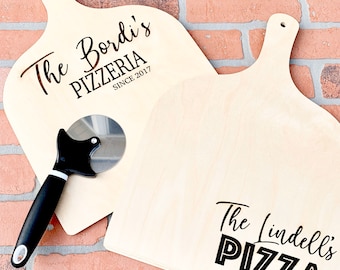 2 Wood Engraved Custom Pizza Tray Set of 2 - Anniversary or Wedding Gift - Personalized Pizza Tray with Name and Date - Pizza Cutter Inc