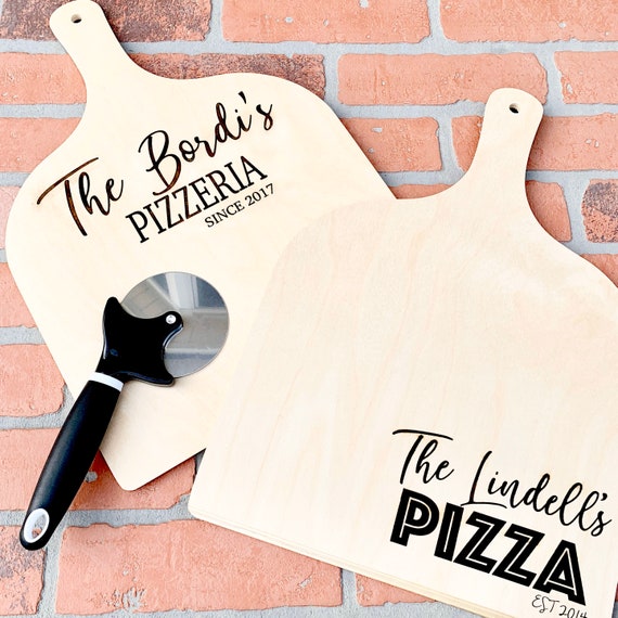 2 Wood Engraved Custom Pizza Tray Set of 2 - Anniversary or Wedding Gift - Personalized Pizza Tray with Name and Date - Pizza Cutter Inc