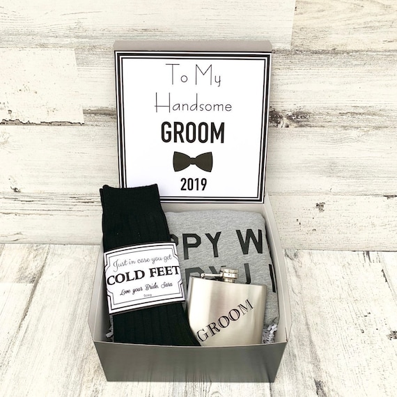 Personalized Groom Gift Box: Flask, Socks & Shirt