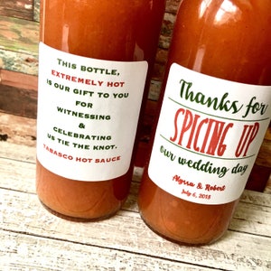 2 Spicing up Labels front and back- Thanks for Spicing up our wedding day or night - Hot Sauce Favor Labels