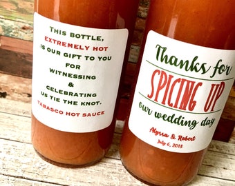 2 Spicing up Labels front and back- Thanks for Spicing up our wedding day or night - Hot Sauce Favor Labels