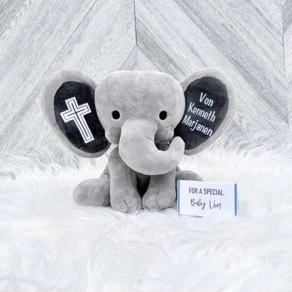 Personalized Plush Elephant Baptism Gift: Baby Name & Cross