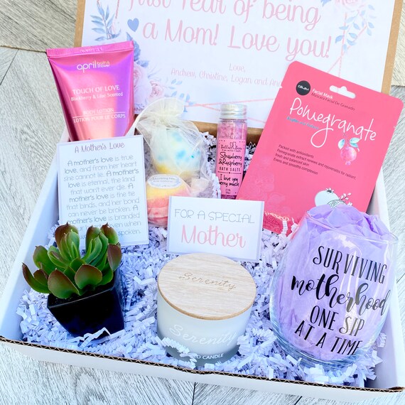 Personalized Mom Gift Box: Wine Glass, Candle & Succulent