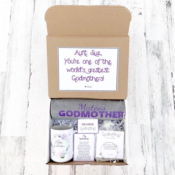 Personalized Godmother Gift Box: Mug, Shirt & Birthstone Bracelet