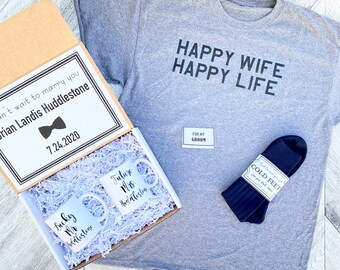 Groom Gift Box - Personalized Groom Box - In Case you Get Cold Feet - Bride AND Groom Mug Set - Happy Wife Happy Life Groom Shirt