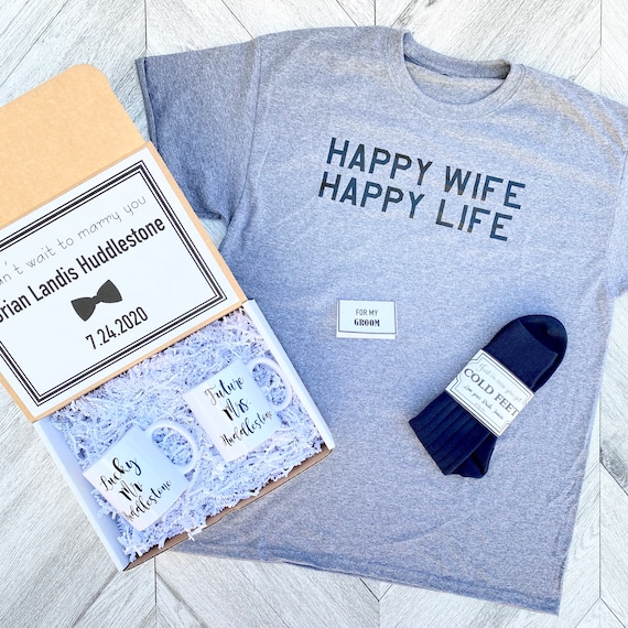 Personalized Groom Gift Box: Happy Wife Shirt, Mug Set & Socks
