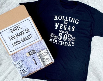 50 Vegas Birthday Gift - Rolling in Vegas - Fifty and Fabulous - 50 Look Great - Vegas Shirt- Glass Drink Jug - Marches and Chapstick