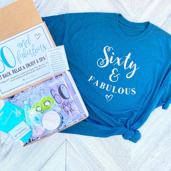 Spa Birthday Gift Set - Sixty and Fabulous Spa Set with Birthday Shirt - Birthday Tumbler - Complete Spa Set- Cards and Candle