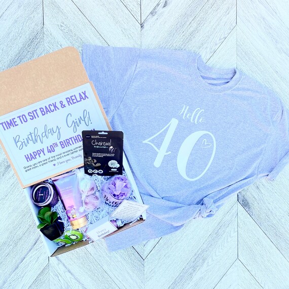 Spa Birthday Gift Box: "Hello 40" Shirt, Succulent & Candle