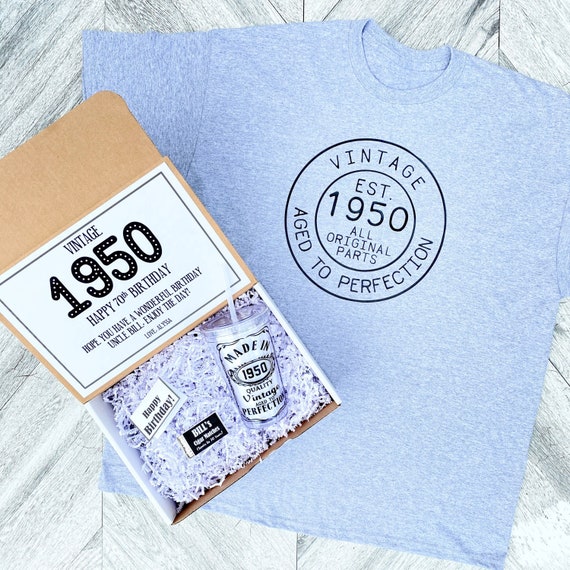 70th Birthday Gift Box: Vintage 1950 Shirt, Tumbler & Matches