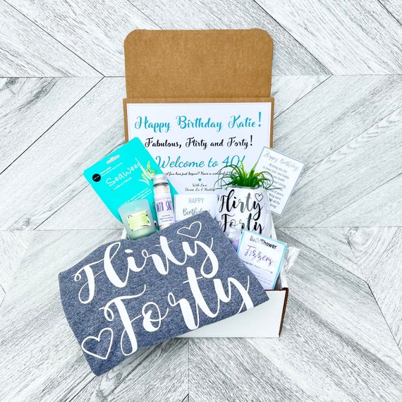 Flirty Forty Birthday Spa Gift Box: Shirt, Wine Glass, Succulent & Candle