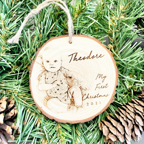 Personalized Baby's First Christmas Photo Ornament: Laser Engraved Wood