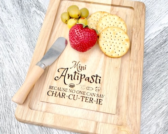 Mini Wood Engraved Antipasto board with cheese knife - Funny Gift - Antipasti Charcuterie Board - Comical Gift