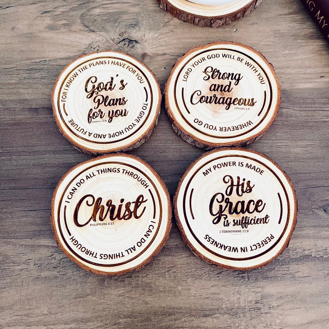 Engraved Wood Christian Coasters: Bible Verse Pine Coasters, Set of 4 ...