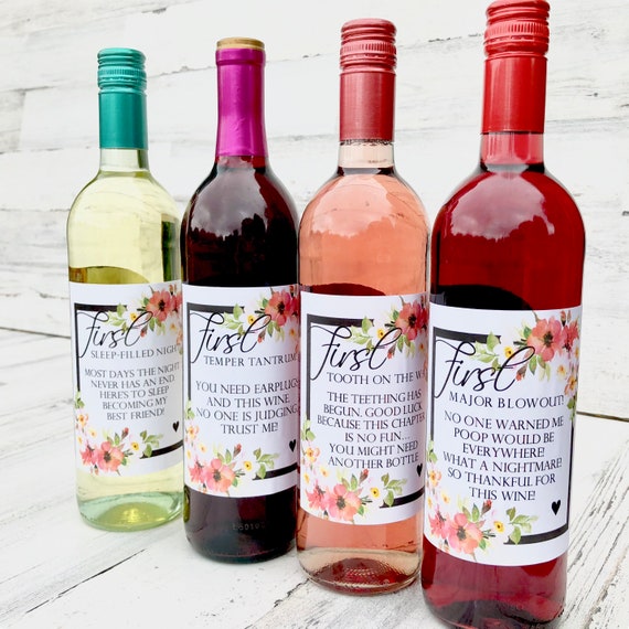 Funny Baby Shower Wine Labels: First Time Mom Gift (Set of 4)