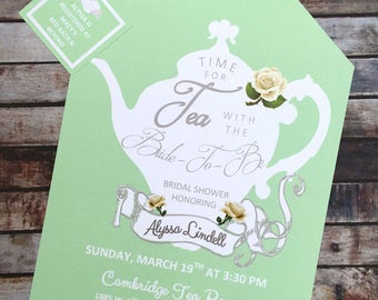 Tea Party Mint Green and White Shower Invitations Tea Pot Style on Elegant Linen Card Stock