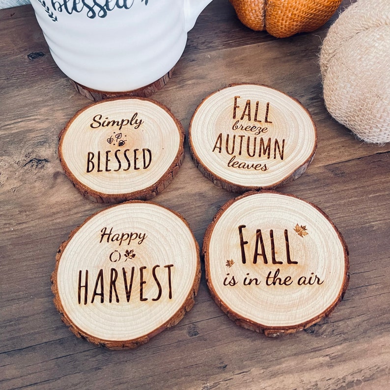 Rustic Fall Engraved Wooden Coasters Set of 4 Wood Engraved Coasters with Fall Sayings Set of 4 Coasters image 3