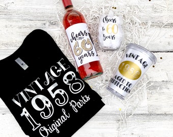 Birthday Gift Set - Vintage Shirt - Wine Glass - Tumbler - Wine Label - Cheers to 60 Years!