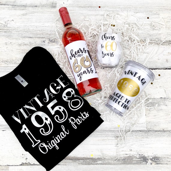 Birthday Gift Set - Vintage Shirt - Wine Glass - Tumbler - Wine Label - Cheers to 60 Years!