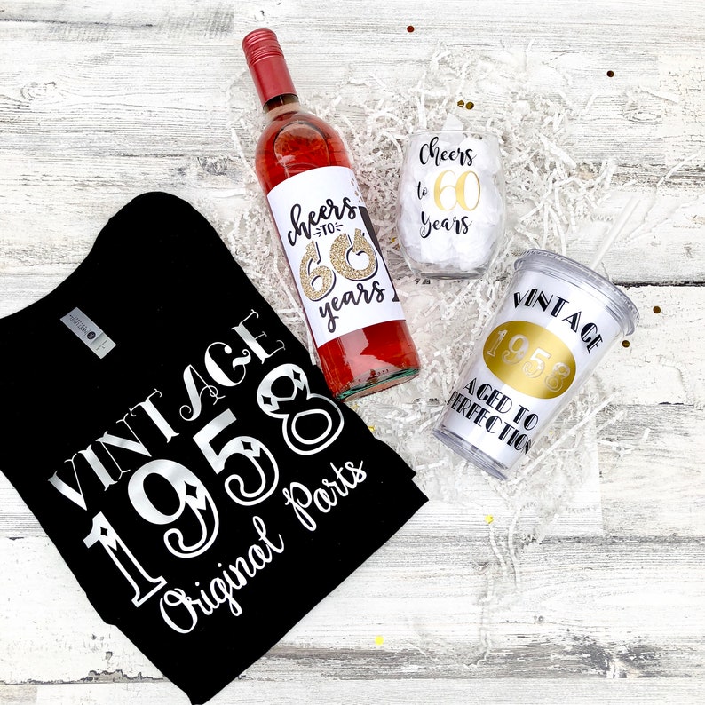 Cheers to 60 Years Birthday Box Set Vintage Shirt Wine Glass Tumbler Wine Label image 4