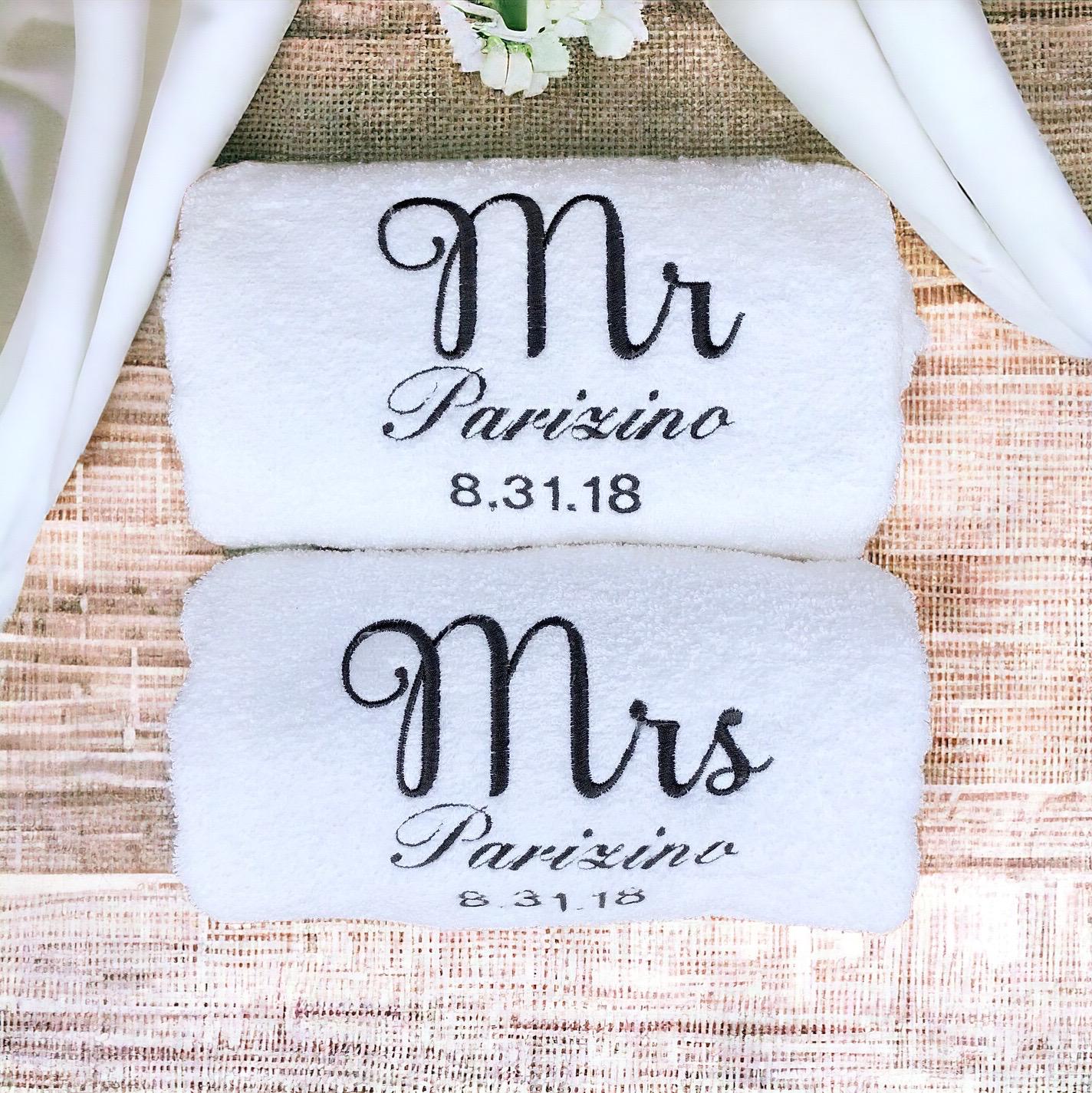 Mr and Mrs Towels Embroidered Bath Towels with Name and Wedding Date 2 Piece Set Bridal Shower Gift Honeymoon Towels